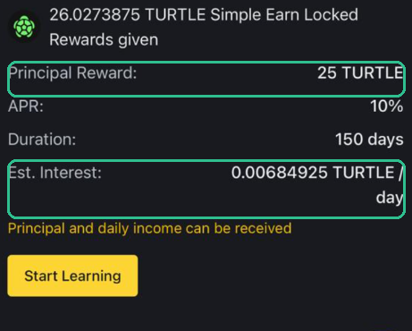 Binance Turtle campaign reward panel showing 25 TURTLE principal, 10% APR, 150 day duration and daily interest estimate